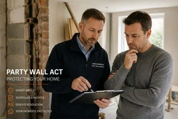 Party wall surveyor Banstead discussing extension plans with homeowner outside a UK semi-detached house.